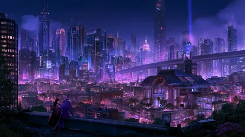 A violet-lit futuristic city skyline at night, seen from a hillside with two small figures.