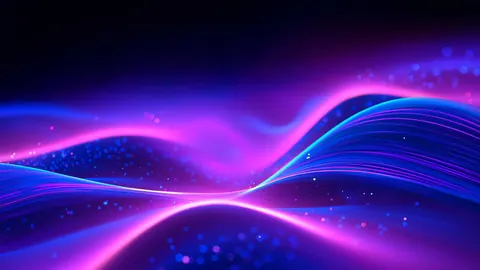 Desktop wallpaper of glowing purple and blue light waves with sparkles.