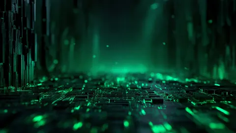 Green glowing circuit lines and digital columns stretch into a dark green distance.