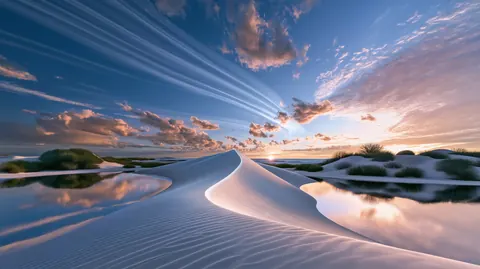 A white sand ridge curves between still pools of water that mirror a sunset sky.