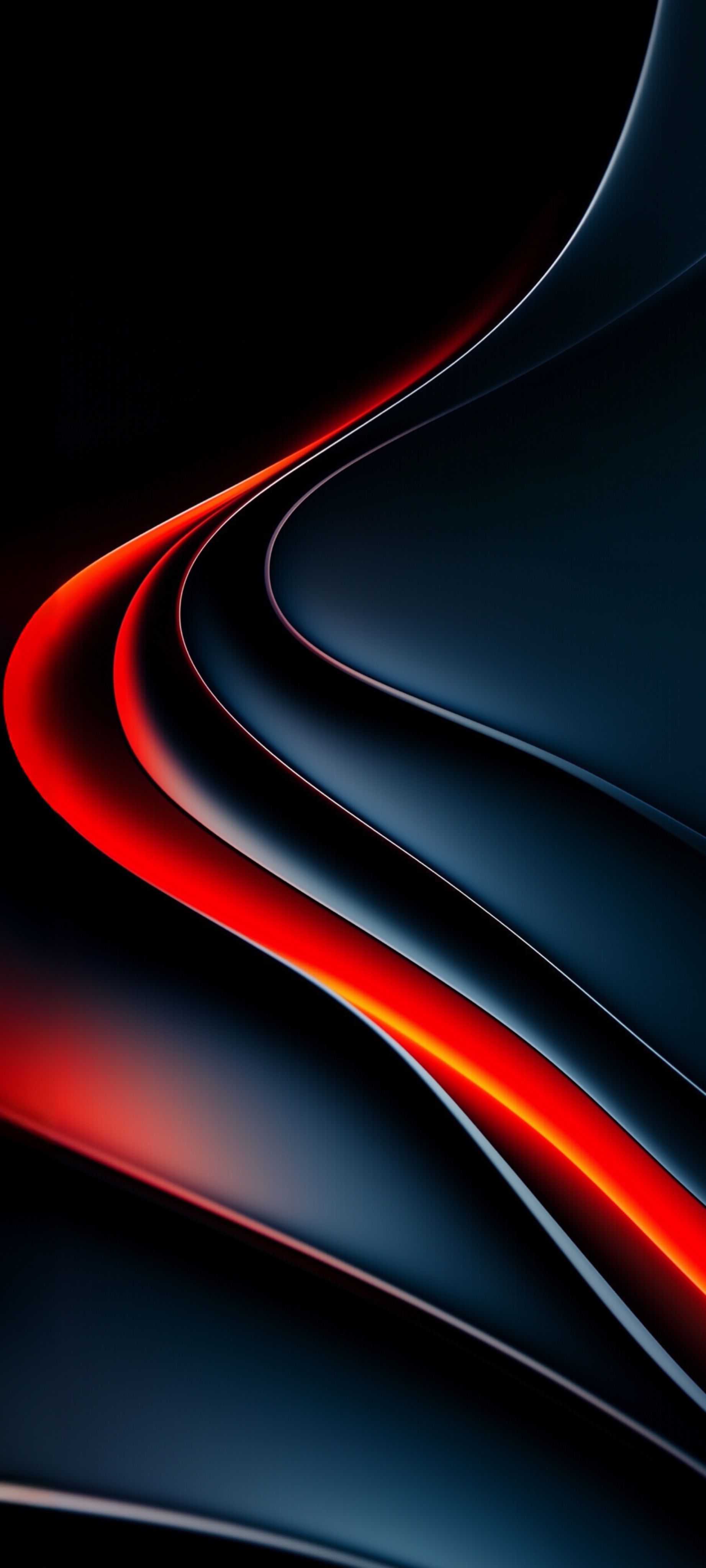 Dark abstract phone wallpaper with layered navy curves and a single glowing red-orange ribbon sweeping across the frame