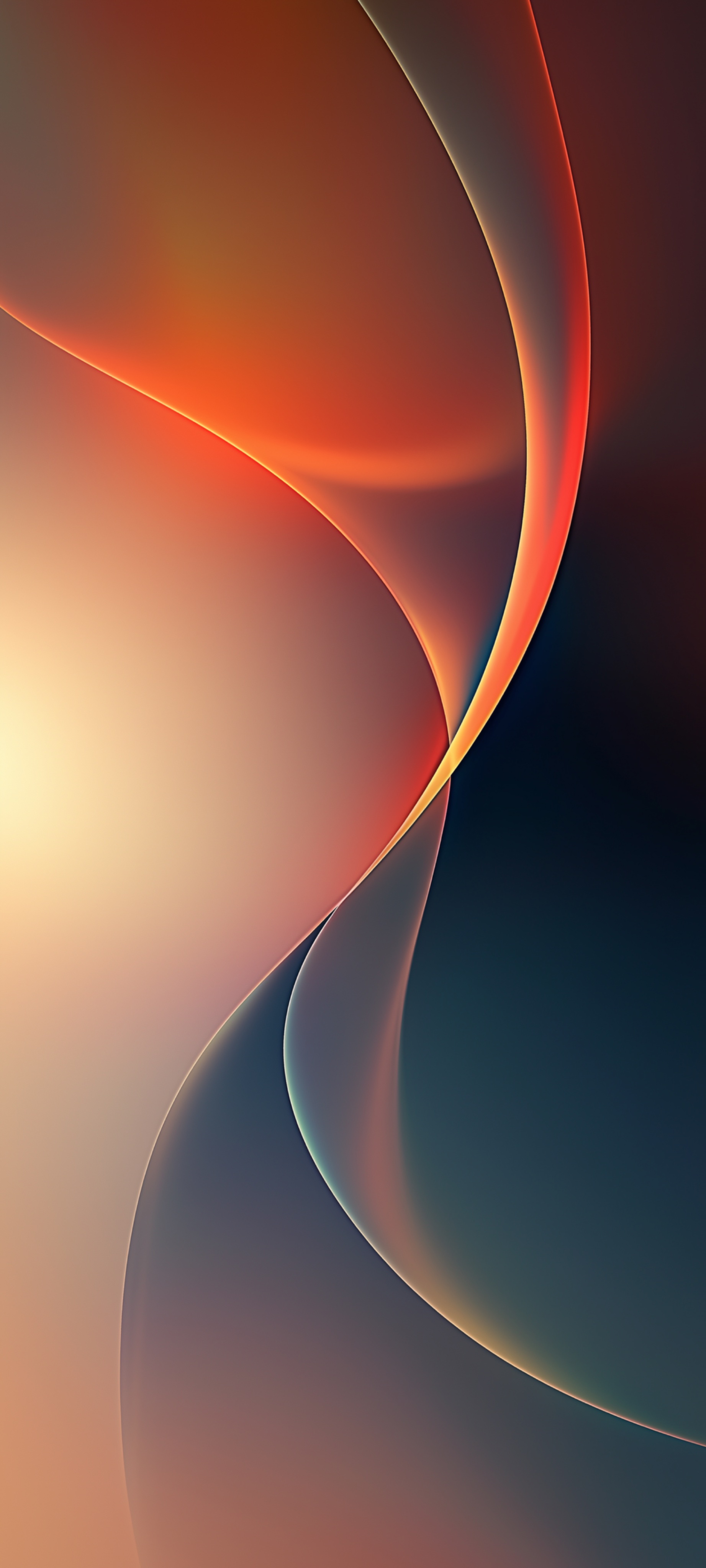 Abstract phone wallpaper with sweeping translucent curves in warm orange and cream on the left, fading into deep teal shadow on the right