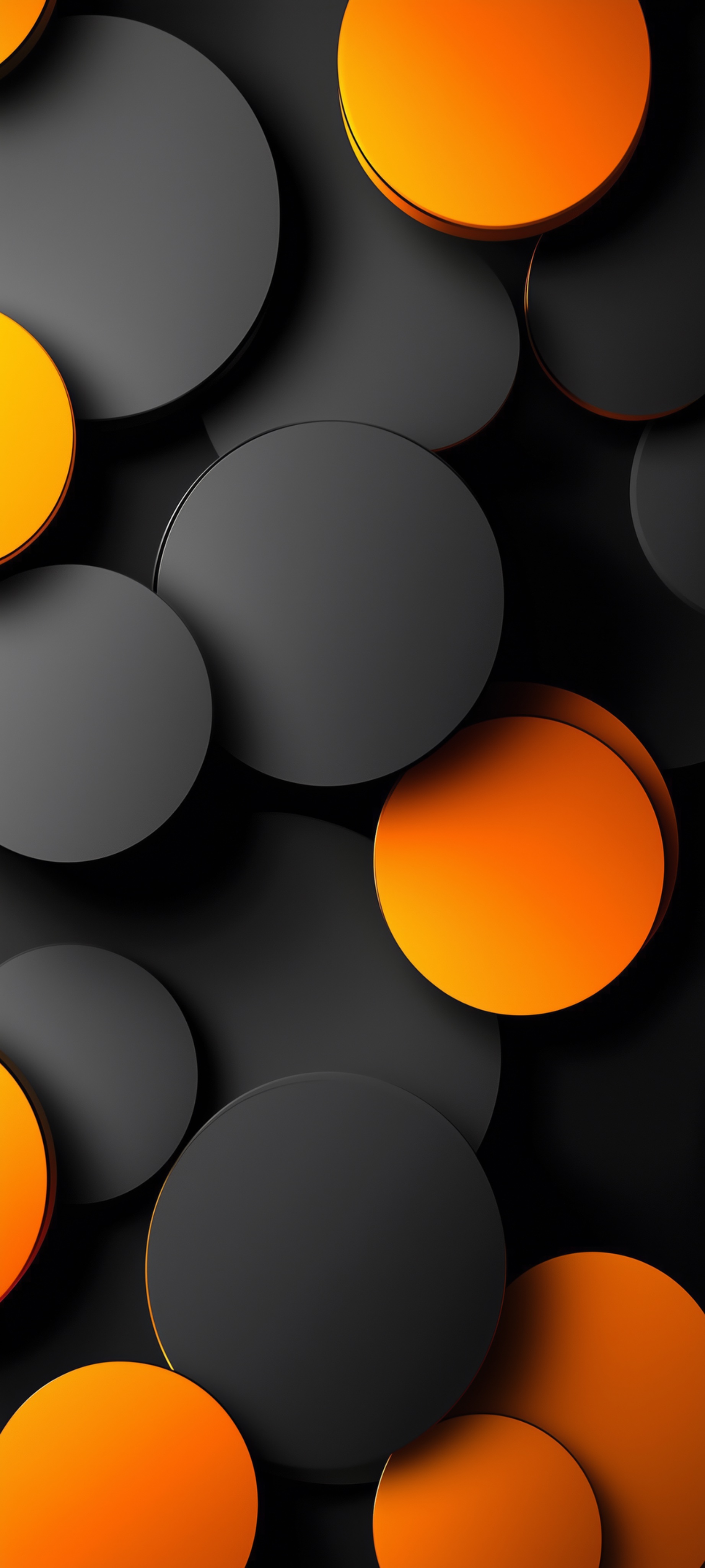 Phone wallpaper of overlapping matte charcoal and bright orange discs with soft drop shadows on a dark background