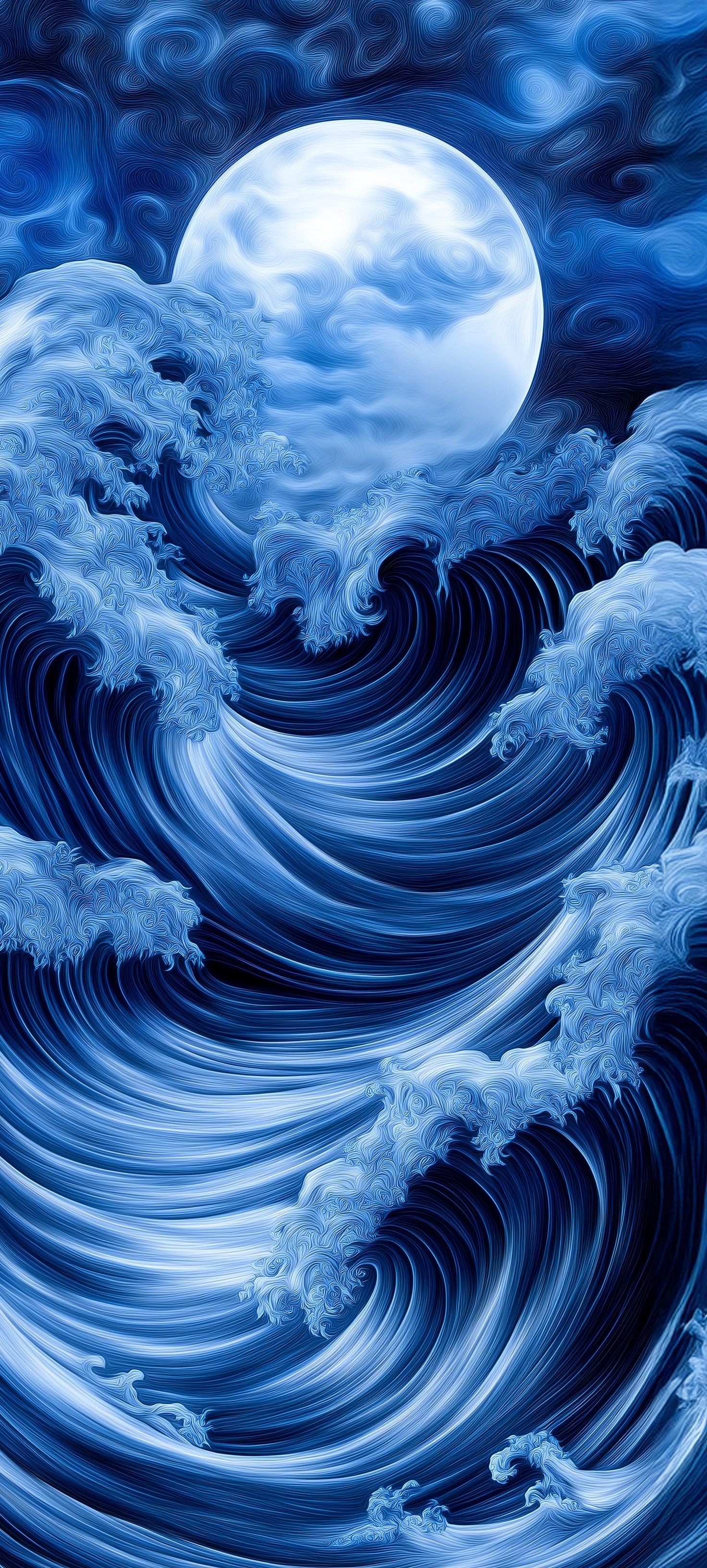 Phone wallpaper of a full moon above towering swirling waves in deep blue and white, painted in a fantasy art style