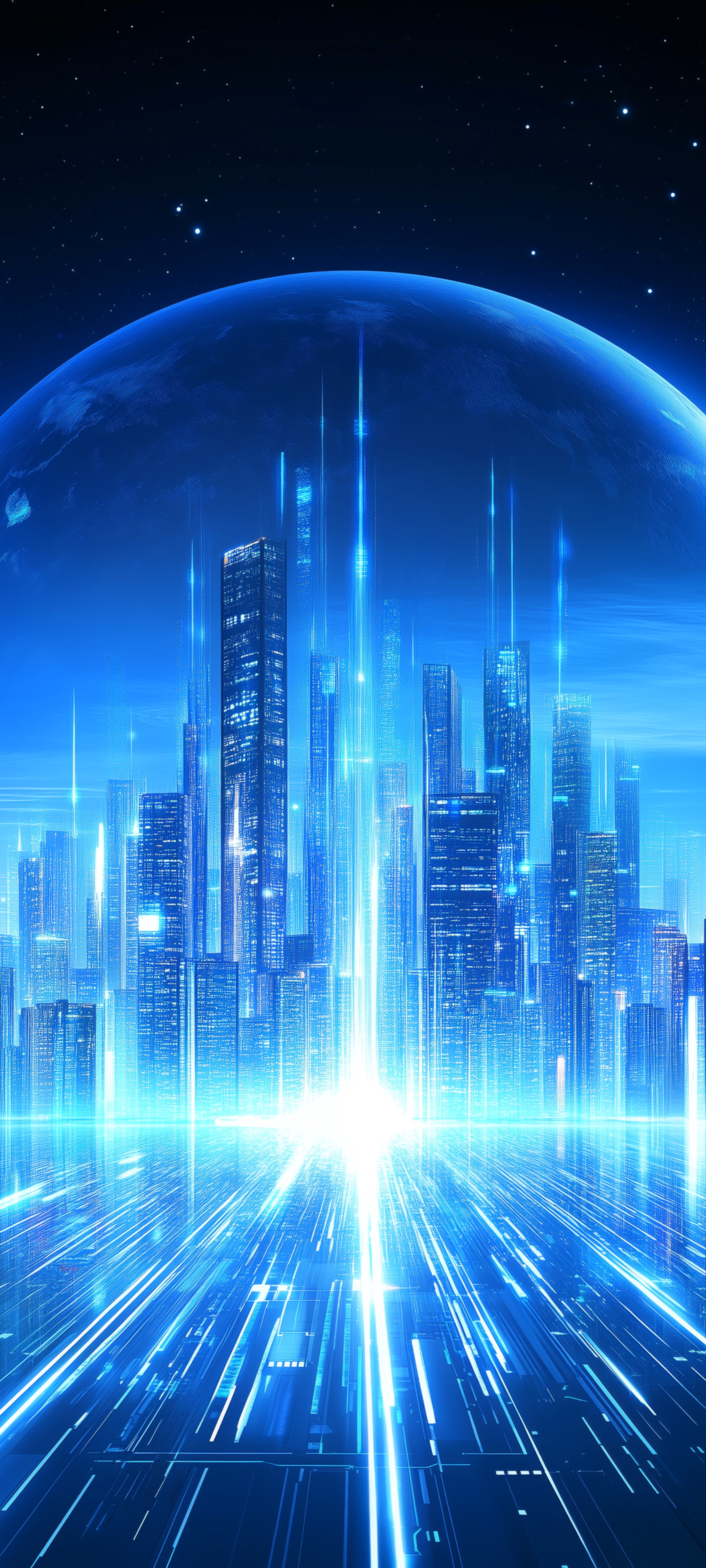 Phone wallpaper of a glowing blue futuristic skyline in front of a huge planet, with streaks of light racing toward the viewer