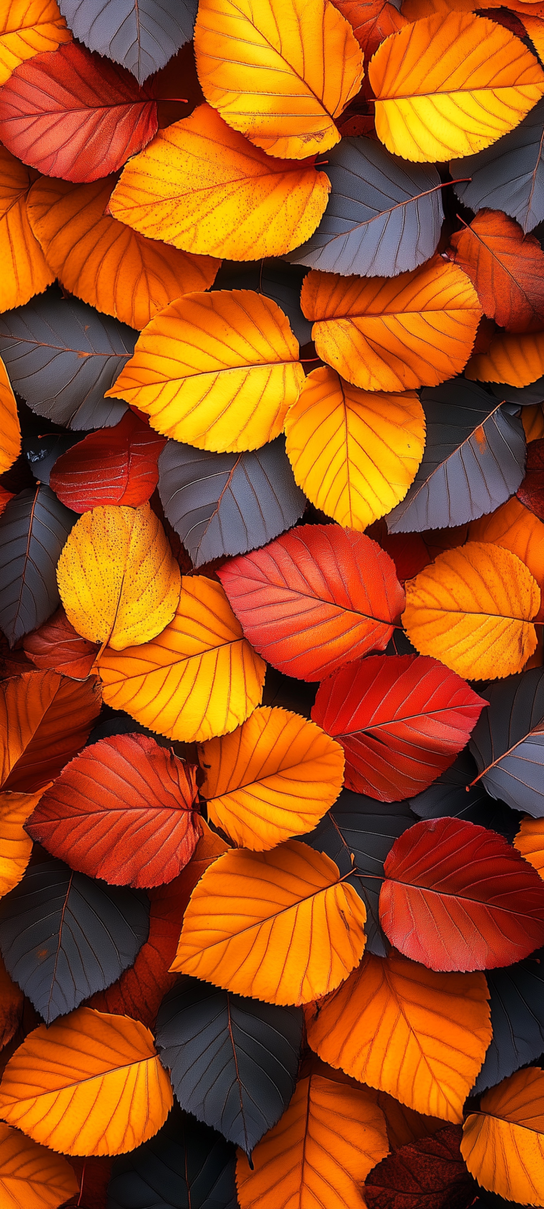 Phone wallpaper filled edge to edge with overlapping autumn leaves in orange, yellow and red, mixed with dark gray leaves