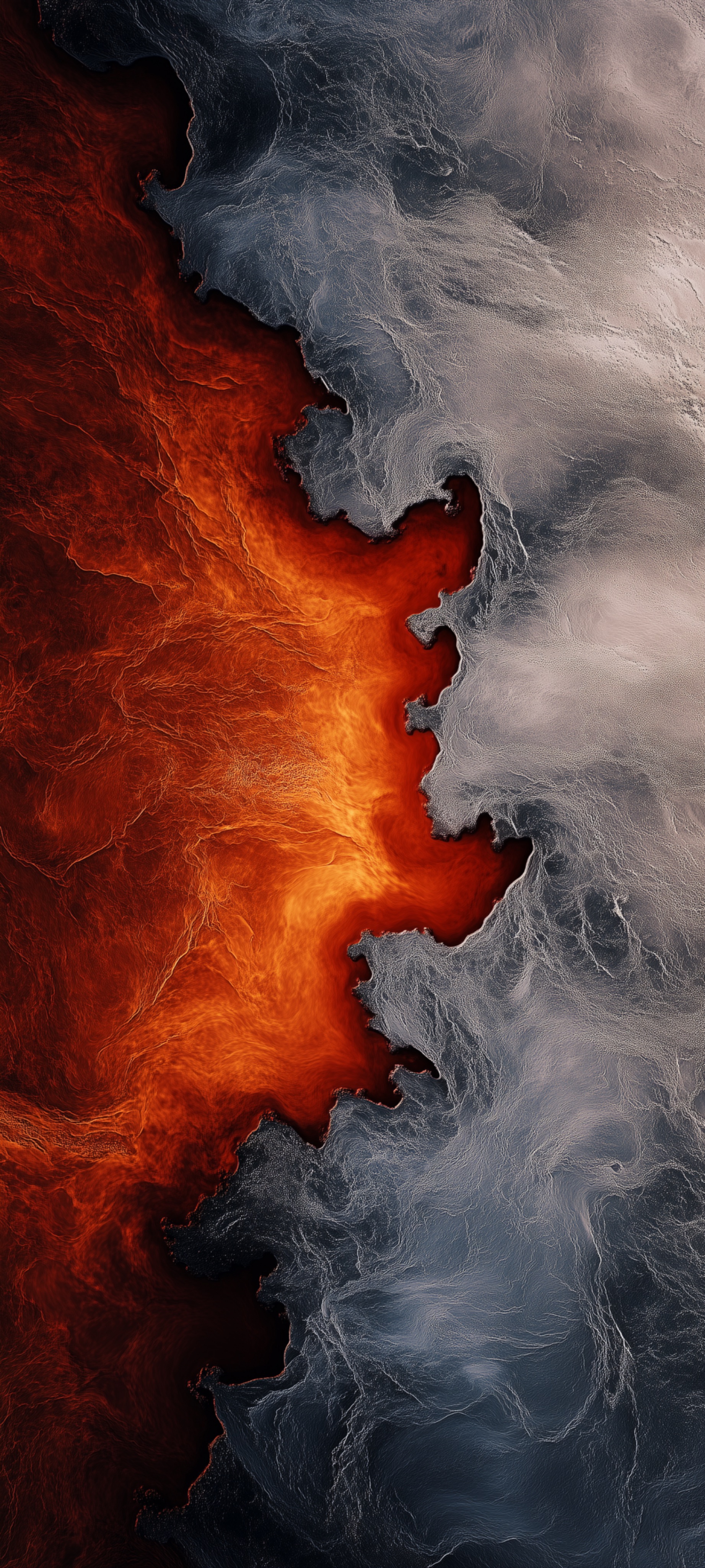 Phone wallpaper seen from above, glowing orange lava on the left meeting swirling gray smoke along a jagged edge
