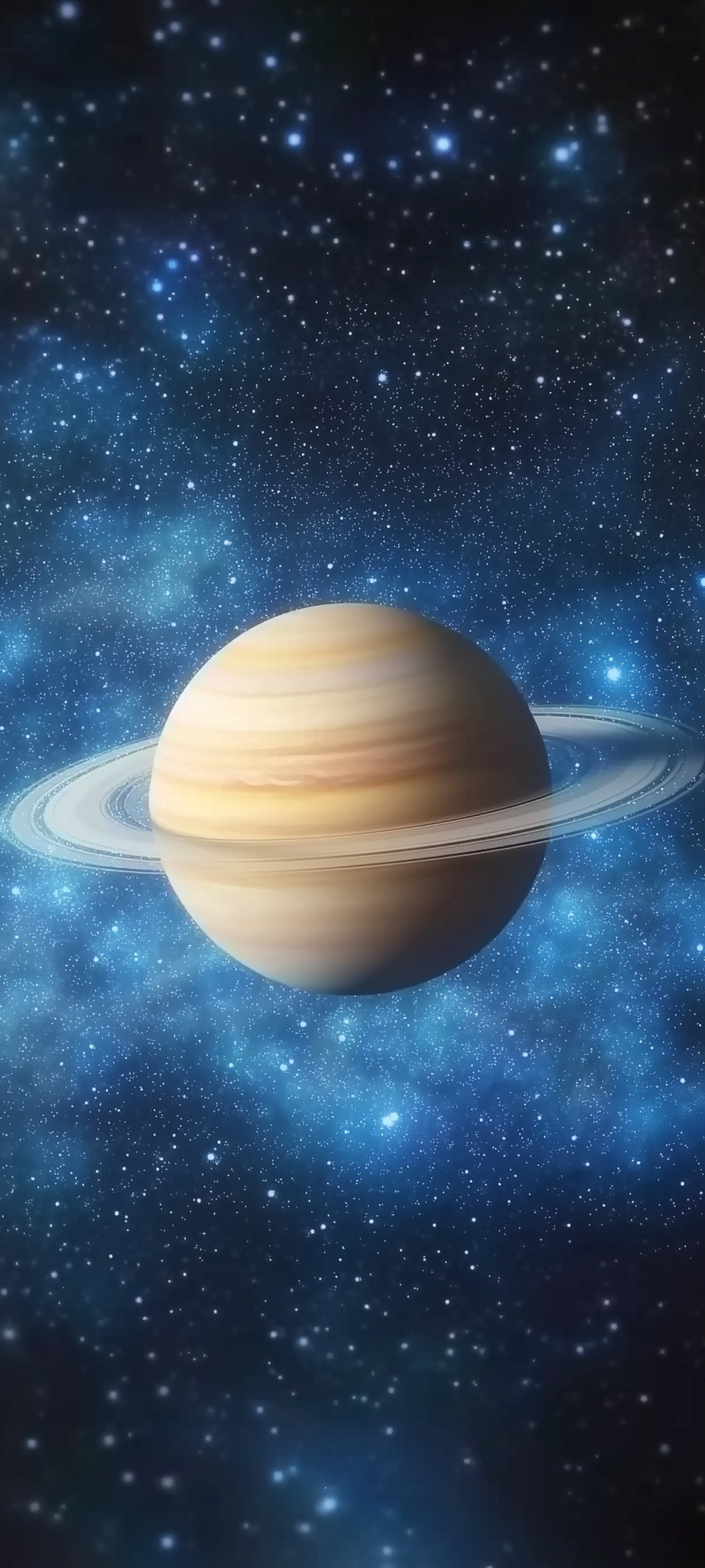 Phone wallpaper of a cream and tan ringed Saturn floating in a deep blue field of stars and glowing dust