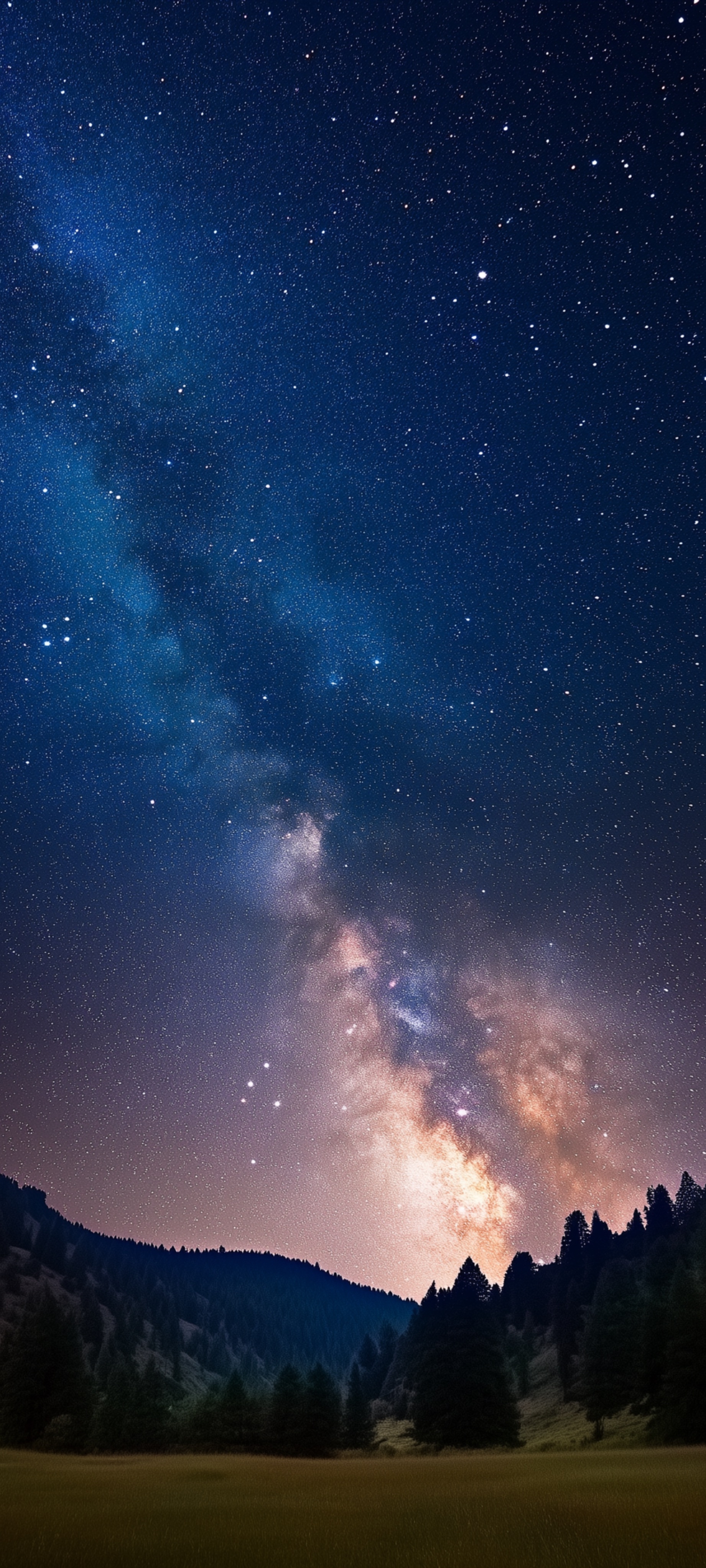 Phone wallpaper of a deep blue starry night sky with the Milky Way arching over a dark valley lined with pine trees