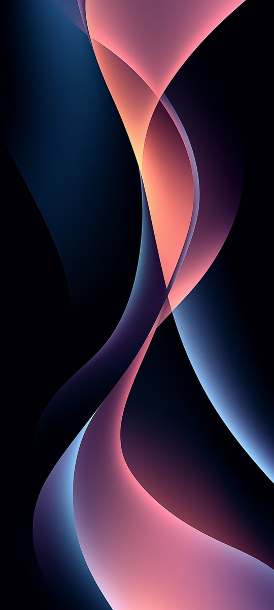 Abstract phone wallpaper of intertwined pink, peach and pale blue ribbons glowing softly against a near-black background