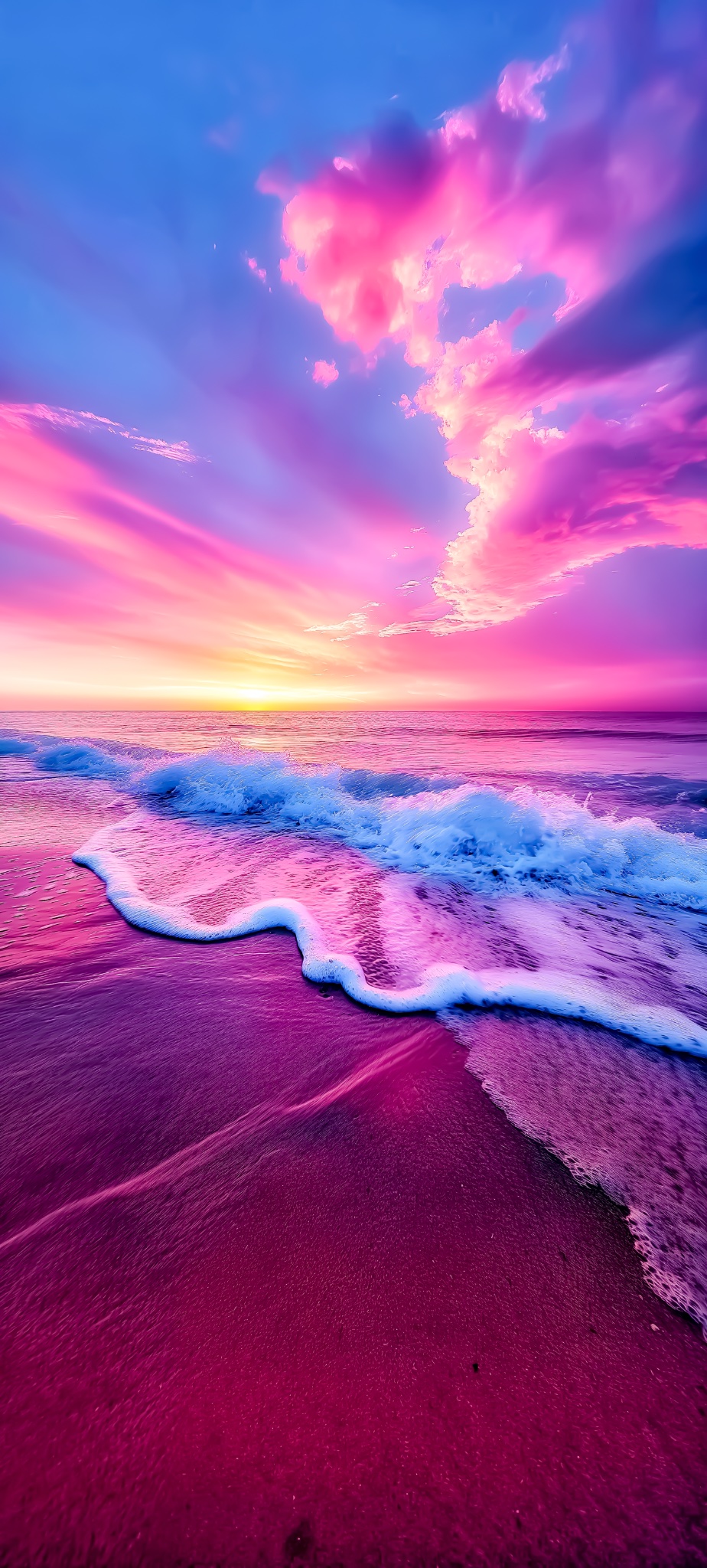 Phone wallpaper of a sunset beach with pink and violet clouds, a glowing horizon and a white wave of foam sliding over magenta sand