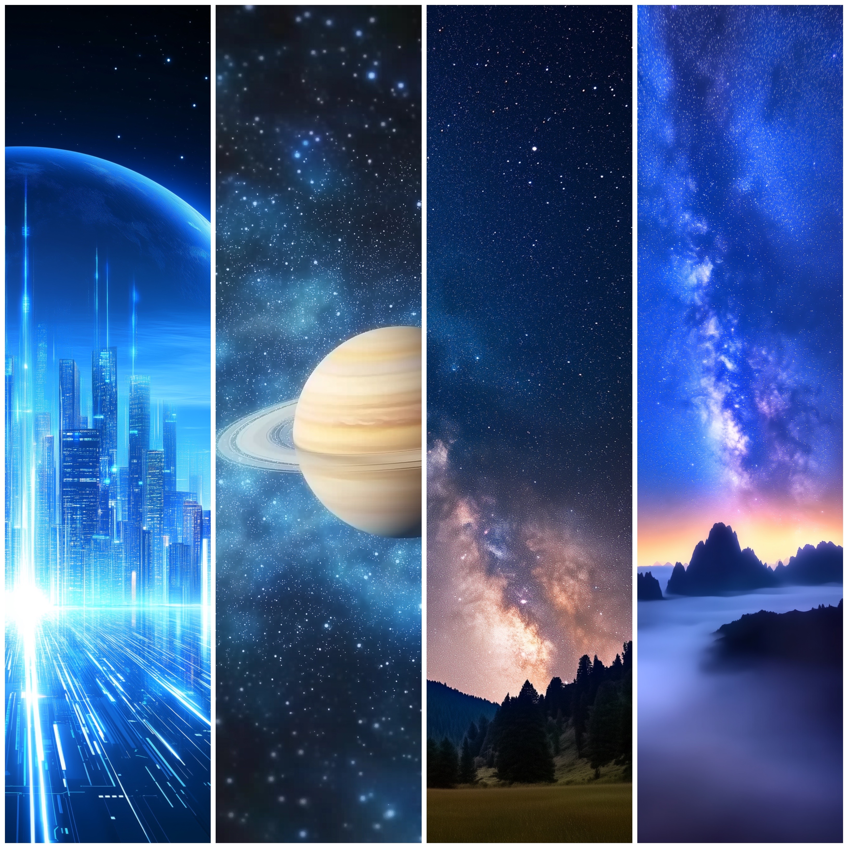 Four vertical space panels side by side: a glowing blue futuristic city skyline beneath a huge planet with light streaks racing forward; a cream and tan ringed Saturn in a blue star field; the Milky Way rising over a dark pine-lined valley; and the Milky Way over jagged mountain peaks with an orange horizon above a sea of fog