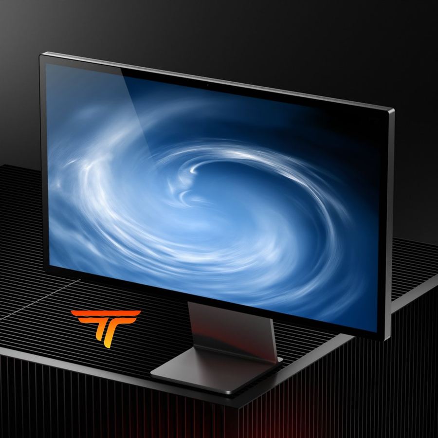 Desktop monitor showing the Azure Mist Spiral wallpaper, a pale blue spiral of mist on a dark background