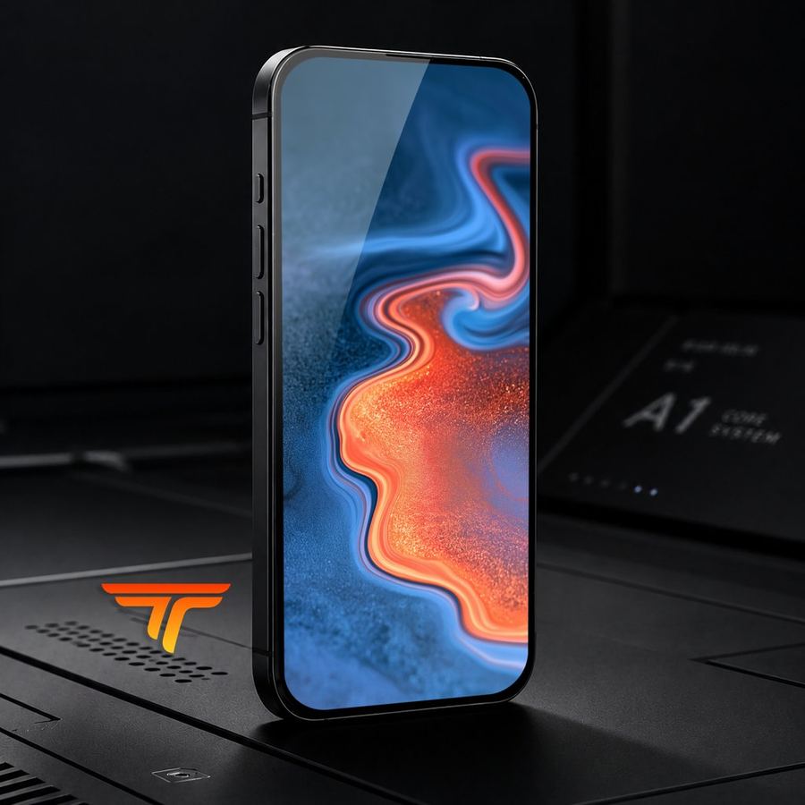Phone showing the Cobalt Lava Marble wallpaper, swirls of orange and blue like molten marble