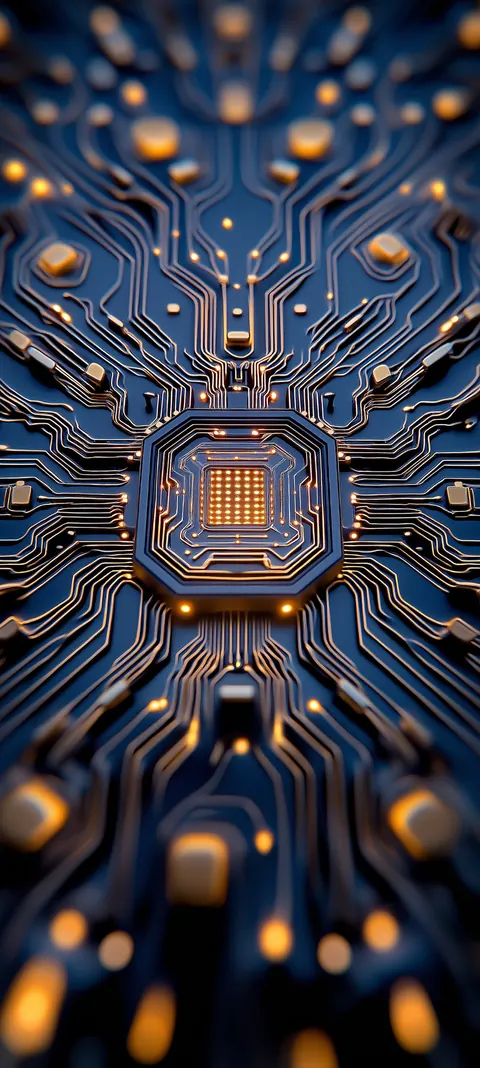 A luminous nano-circuit lattice pulses electric blue inside a phone mockup — high-tech glow with dark breathing room.