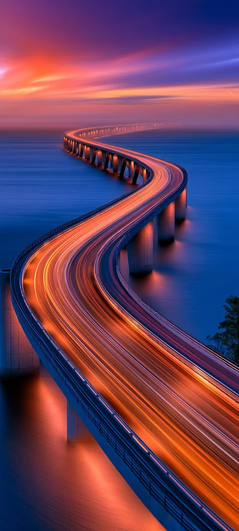 A winding bridge curves through long-exposure amber light trails at dusk.
