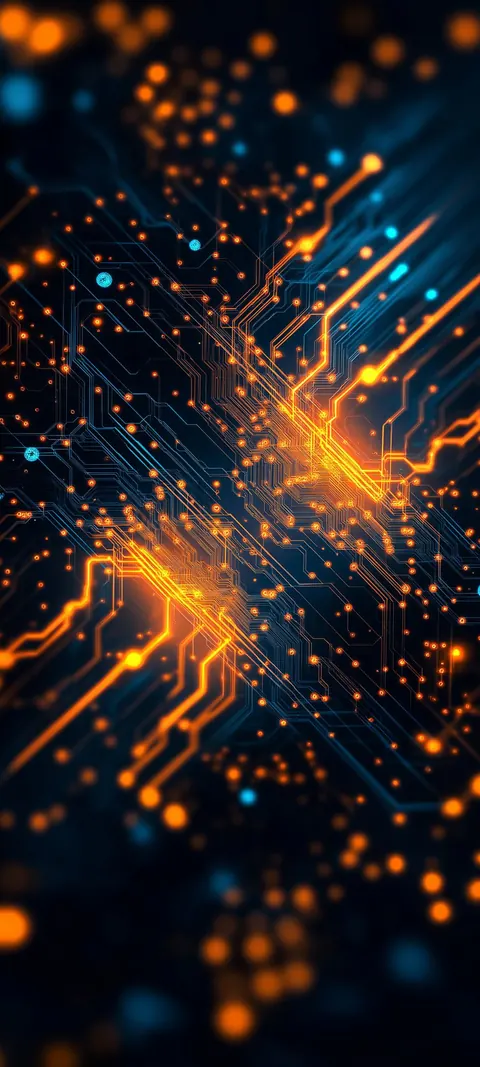 Orange circuit paths and glowing dots spread diagonally over a dark blue background.