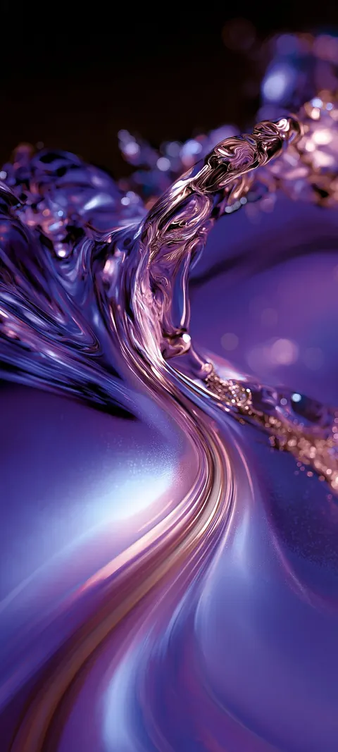 A wave of liquid amethyst glass curls and splashes in frozen motion, glossy from every angle.