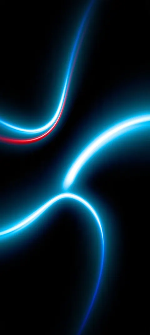 Two glowing cyan neon arcs, one with a thin red edge, curve across a pure black background.