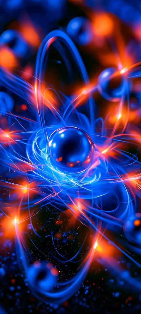 A glossy blue sphere at the center of swirling blue orbit lines, surrounded by smaller orbs and orange sparks.