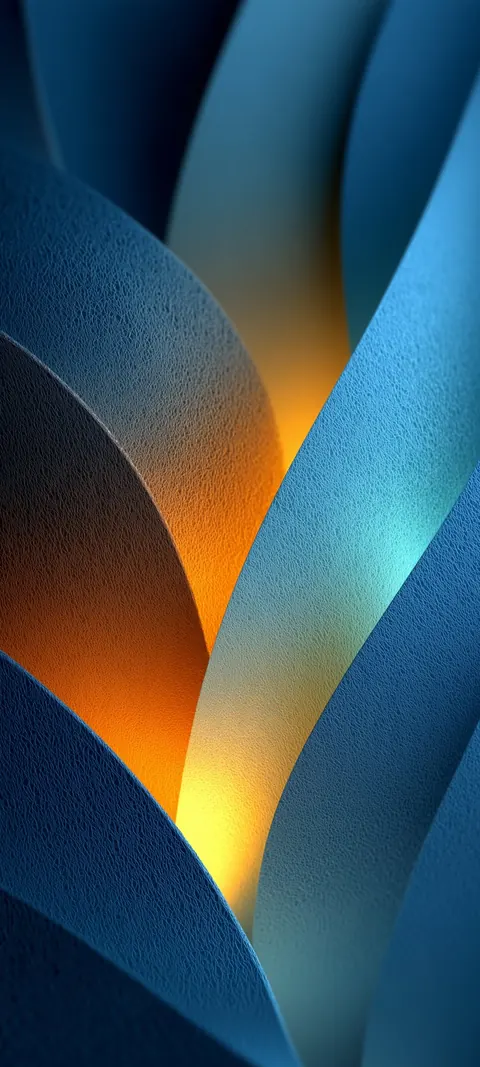 Warm ember light curves through azure arcs on a deep field — a vivid lock-screen sweep with room for icons.