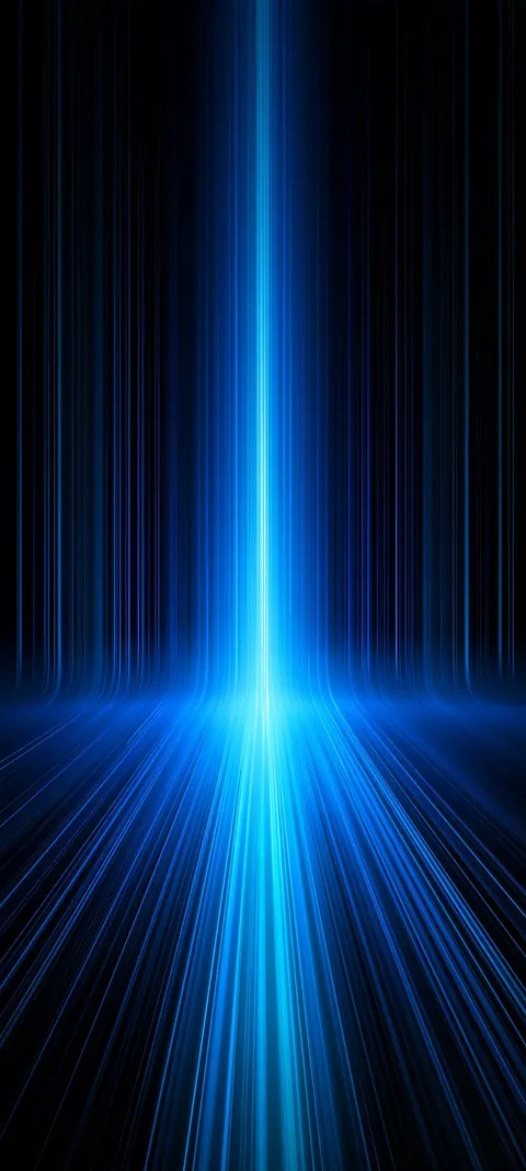 Vertical electric-blue filaments drop and curve into a bright horizon plane — clean futuristic motion for OLED lock screens.