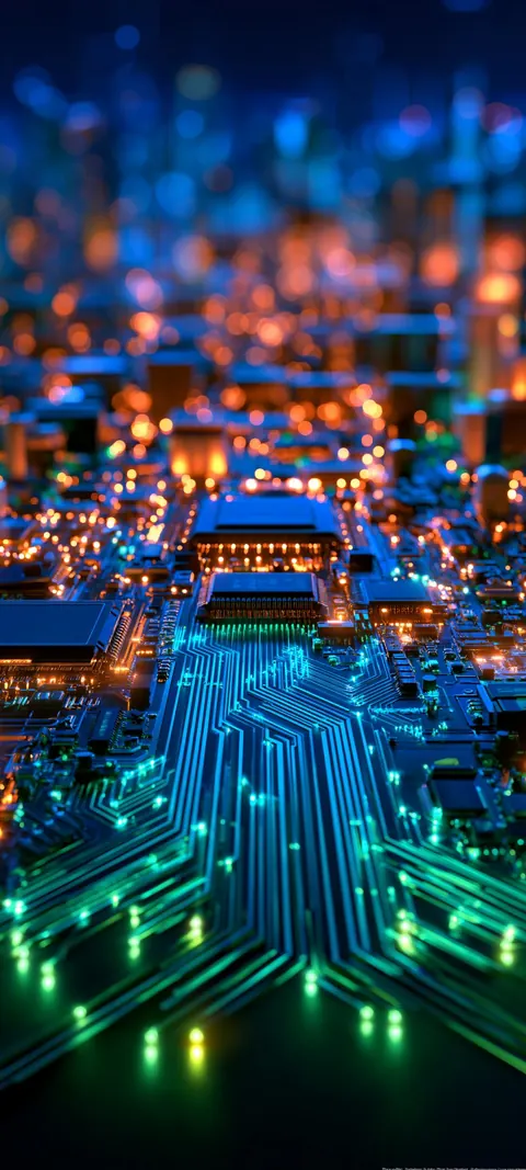 Glowing teal data paths flow through a soft bokeh of gold and blue city lights.