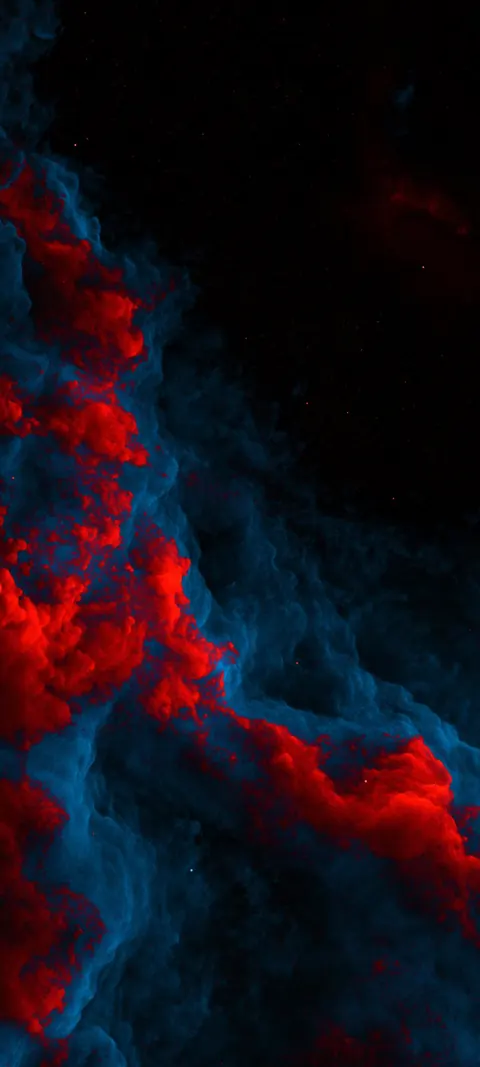 Thick clouds of deep blue and glowing red gas swirl like a nebula, with a few faint stars in the open dark.