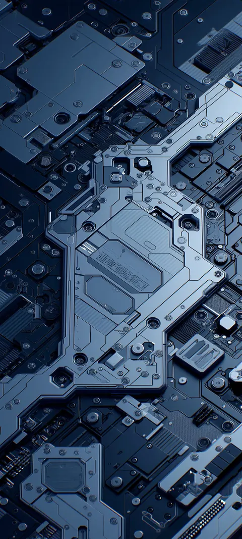 Layered metallic plates and micro-circuit grooves form a cool chrome architecture — dense tech texture with dark breathing room.