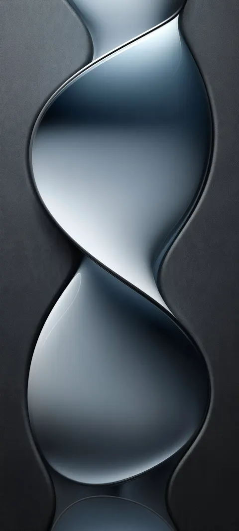 Polished chrome hourglass silhouettes drift through silver haze — sculpted lock-screen metal with open icon room.