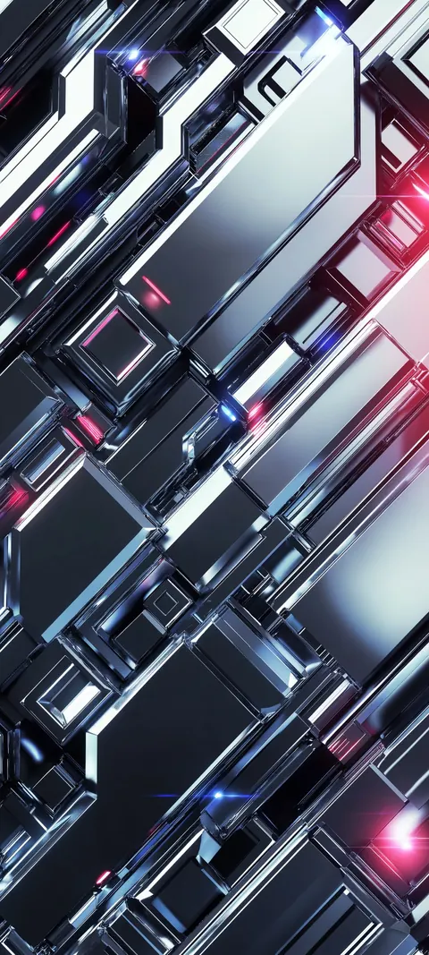 Layered metallic plates catch scarlet highlights against a dark chassis — dense tech texture for mobile screens.