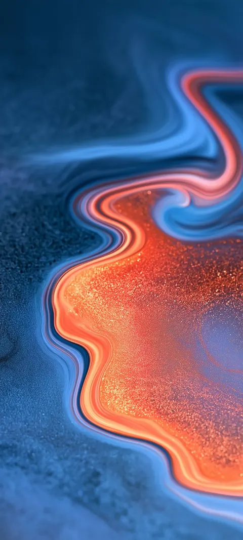 Fiery orange swirls flow through cool cobalt blue like molten marble in motion.