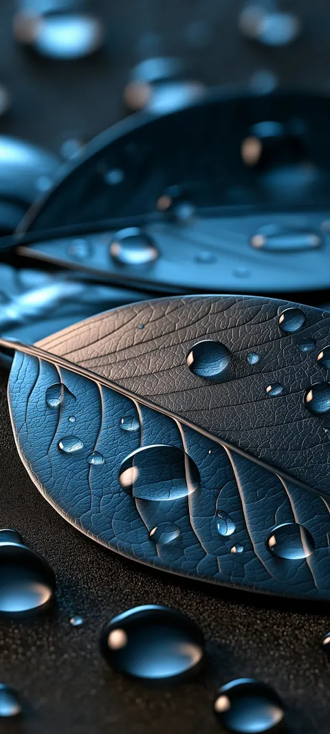 Dark blue metallic leaves hold clear water droplets that catch the light.
