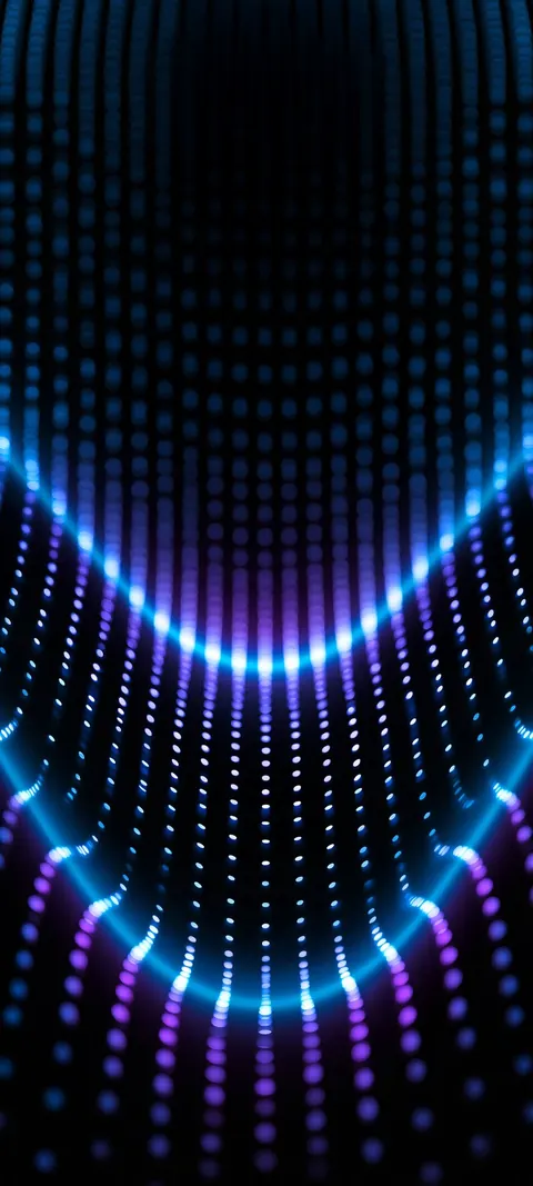 Rows of tiny blue and violet light dots bend into a deep U-shaped curve on black.