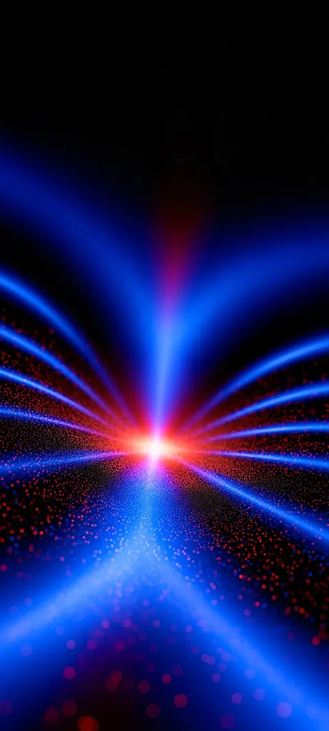 Bright cobalt rays burst from a hot center across black, sharp near the core and soft at the edges.