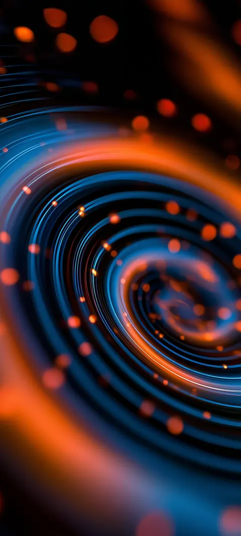 Concentric blue rings spiral inward, scattered with glowing orange specks.