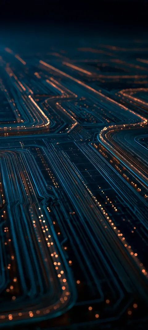 Parallel orange and blue glowing lines curve across a dark field like a luminous highway stack.