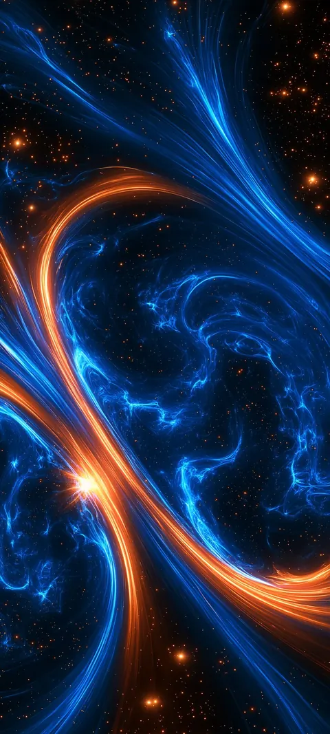 Blue and copper currents swirl through a star-filled sky like galaxies caught mid-dance.
