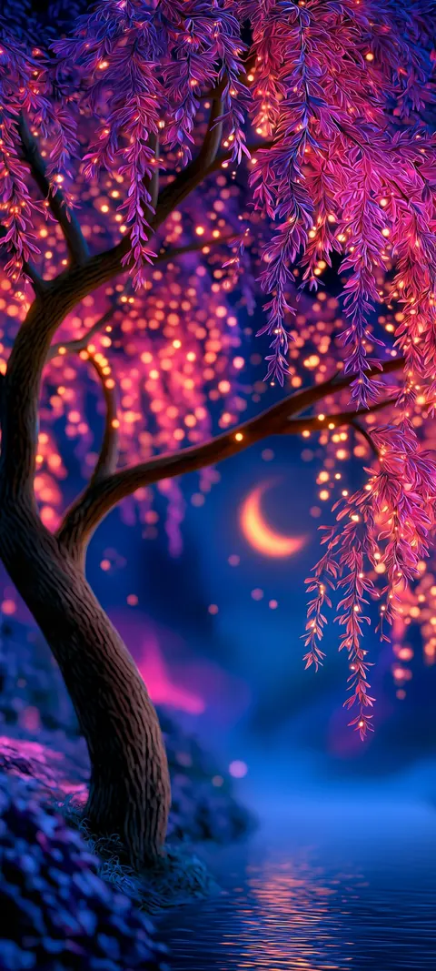 A blossom tree lit in glowing pink leans over a still violet lake beneath a thin crescent moon.