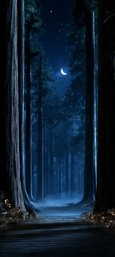 A silver crescent moon hangs through towering trunks above a low blue mist.