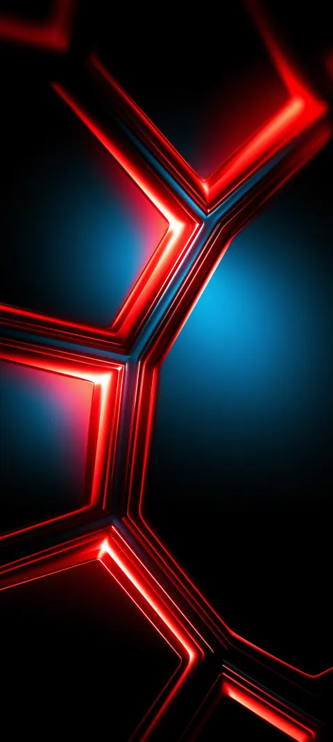 Thick-walled honeycomb geometry, crimson channel glow and cool blue depth — high-contrast cyber lattice.