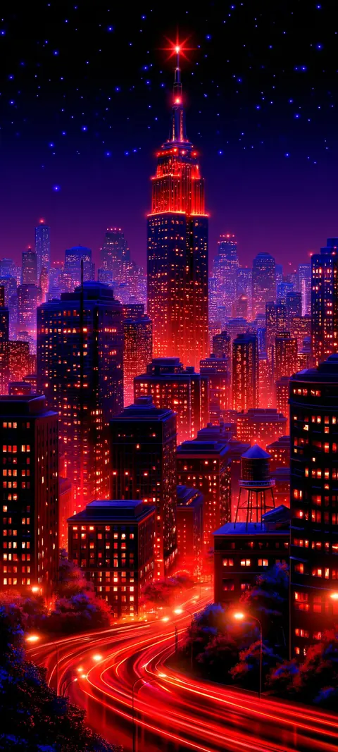 A red-lit night skyline with a tall spire under a starry sky, and light trails curving through the streets below.