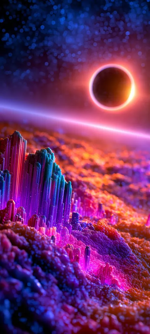 Jagged purple crystal ridges under a black sun ringed in fiery orange.