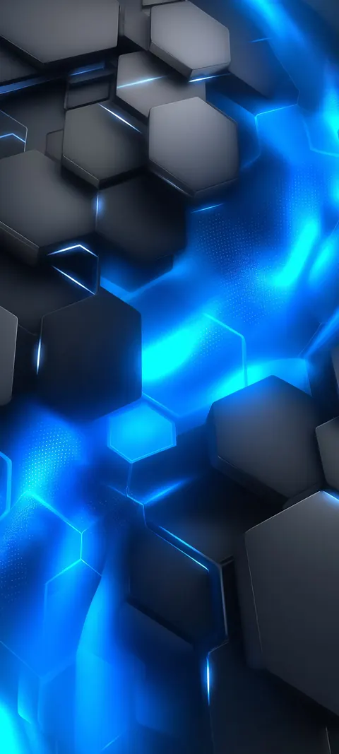 Cool cyan honeycomb planes slide into soft depth — a clean lock-screen geometry with room for icons.