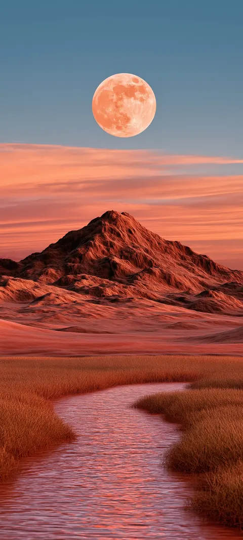 A full moon rises over a lone desert peak as a winding river glows with the last light of dusk.