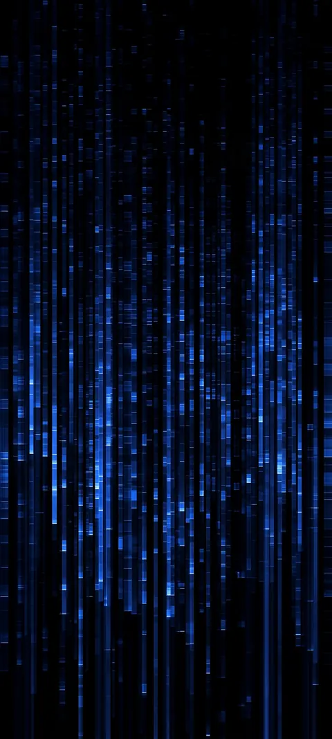 A deep black field of vertical blue signal fragments creates calm digital depth with open space for lock-screen icons.