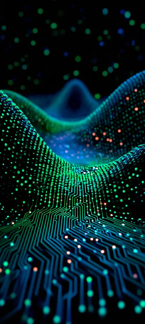 Rolling hills of glowing green and blue circuit dots stretch into the dark.