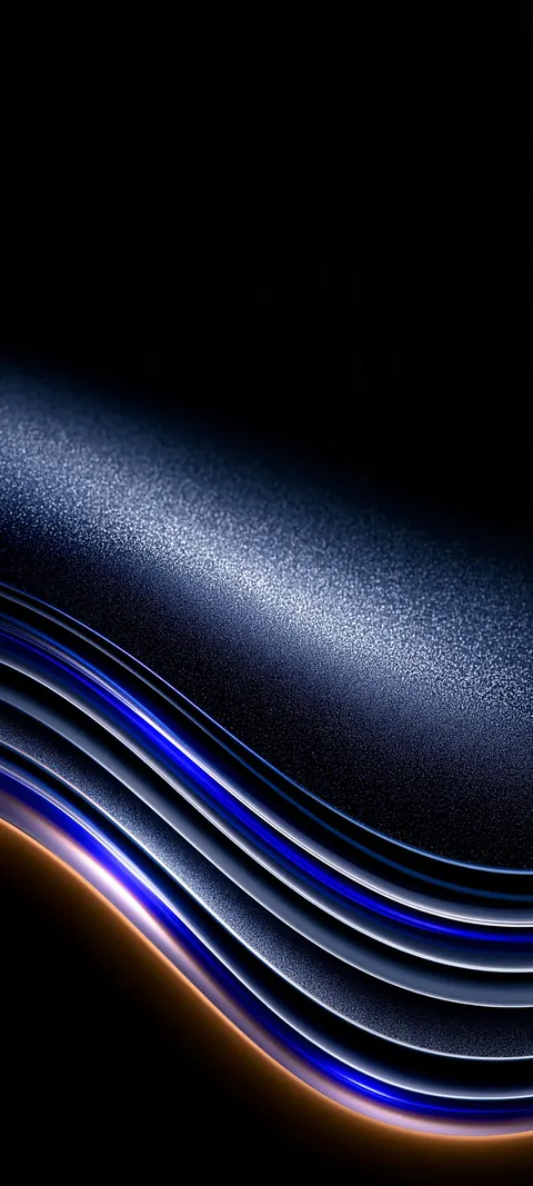 Curving ridges traced in thin orange and electric blue light on dark texture.