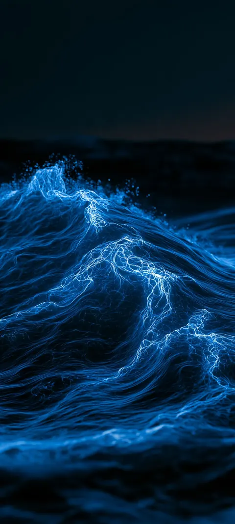 A cresting sea of electric-blue threads and sparks against deep night water — high-contrast lock-screen energy.