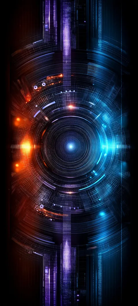 A circular cyan and orange lens shape glows in the center of a dark technical frame.